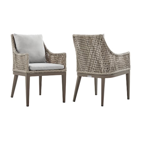 Armen Living Silvana Outdoor Wicker and Aluminum Gray Dining Chair with Beige Cushions, PK2 840254332911